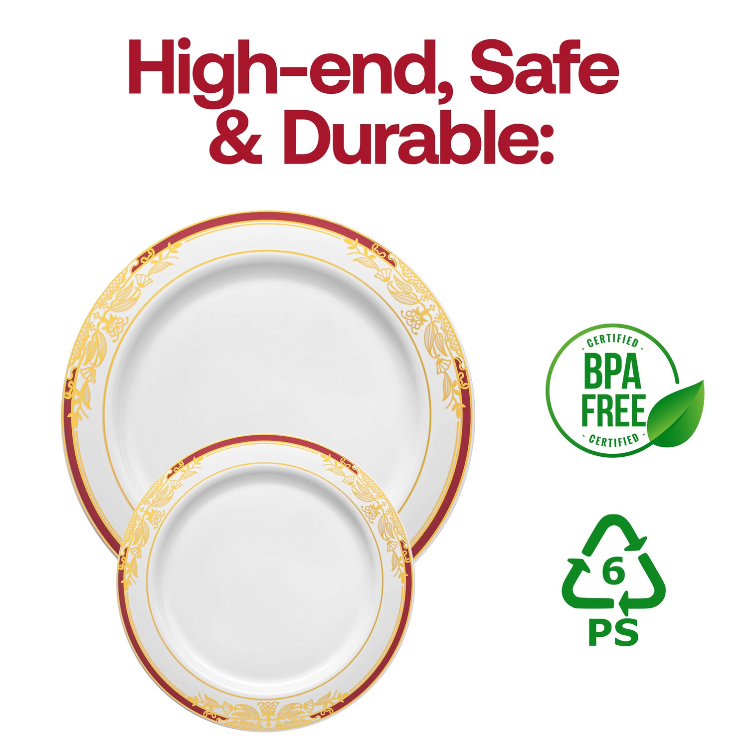 White with Burgundy and Gold Harmony Rim Plastic Appetizer/Salad Plates (7.5") BPA | The Kaya Collection