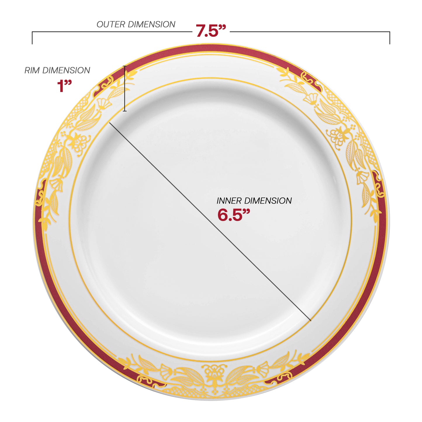 White with Burgundy and Gold Harmony Rim Plastic Appetizer/Salad Plates (7.5") Dimension | The Kaya Collection