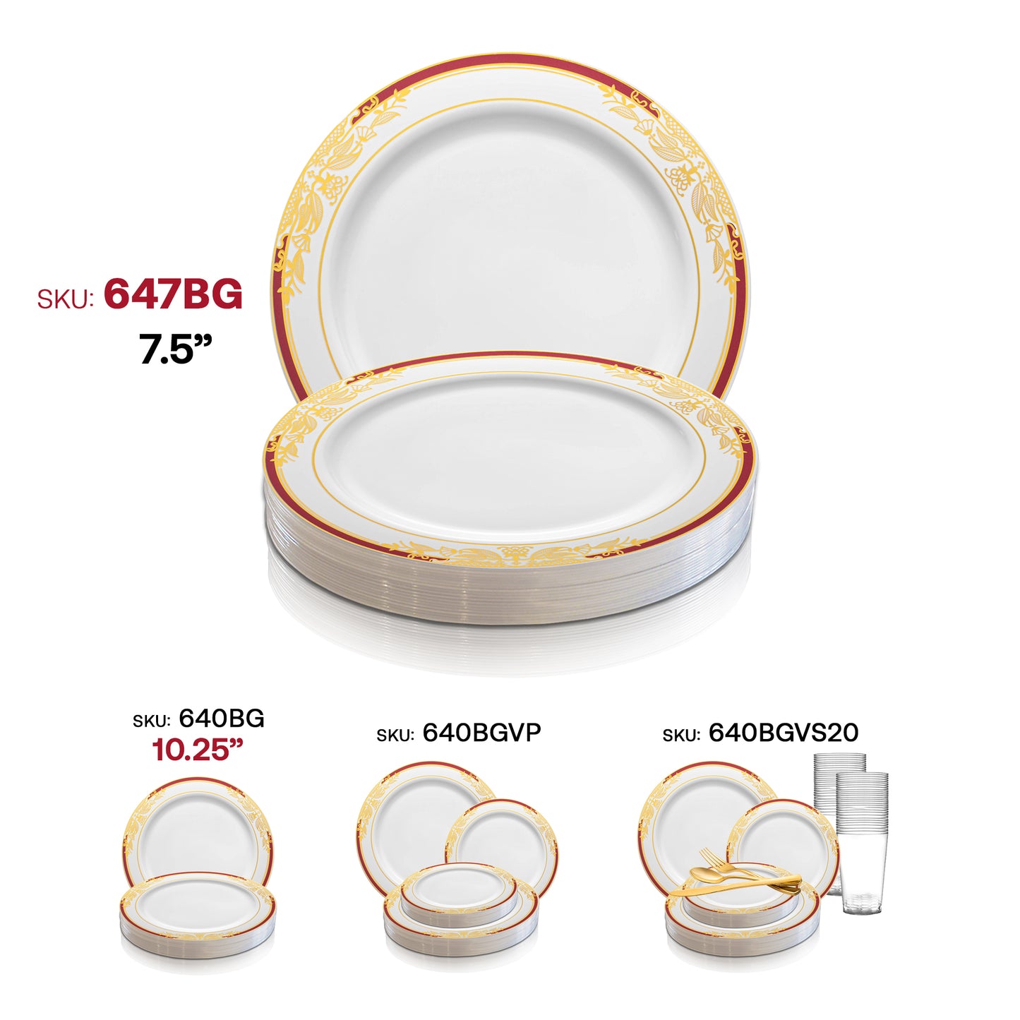 White with Burgundy and Gold Harmony Rim Plastic Appetizer/Salad Plates (7.5") SKU | The Kaya Collection