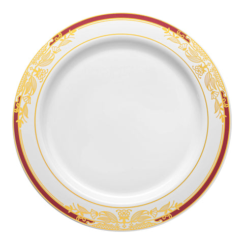 White with Burgundy and Gold Harmony Rim Plastic Appetizer/Salad Plates (7.5