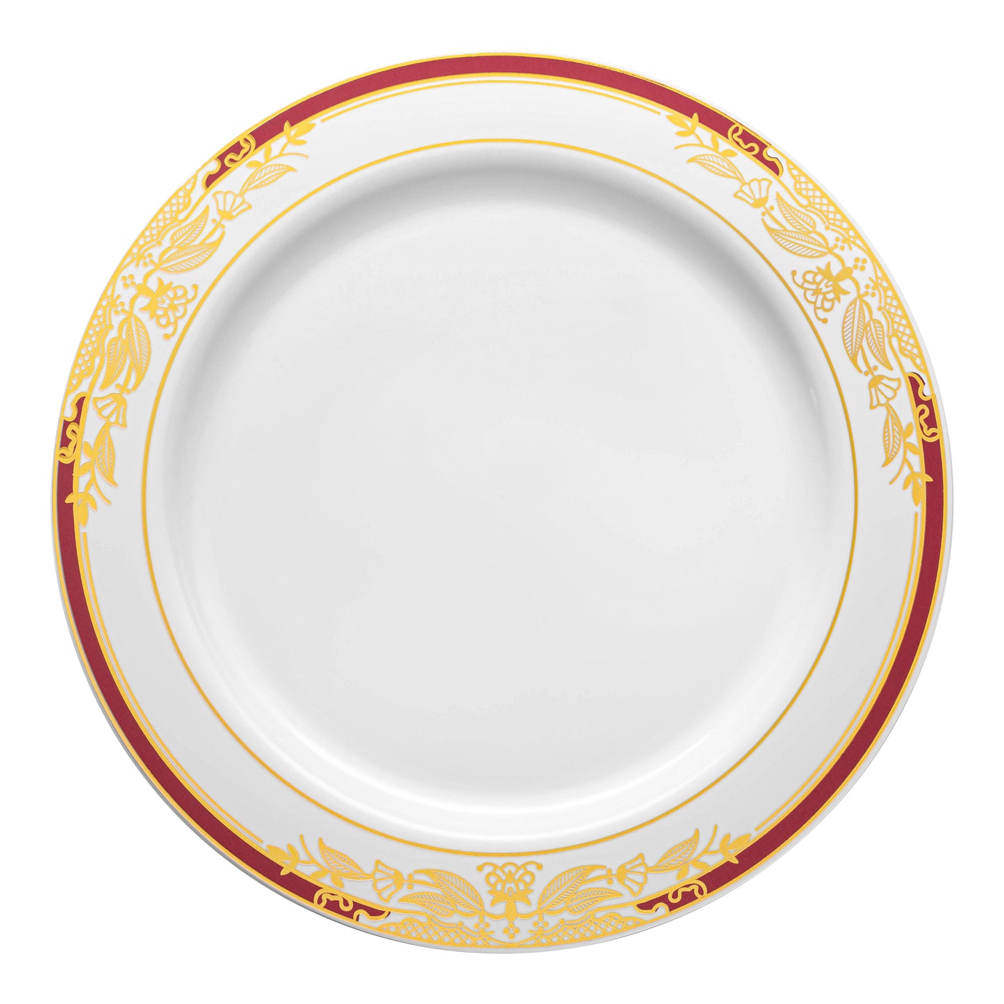 White with Burgundy and Gold Harmony Rim Plastic Dinner Plates (10.25") | The Kaya Collection