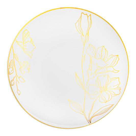 White with Gold Antique Floral Round Disposable Plastic Dinner Plates (10.25") | The Kaya Collection
