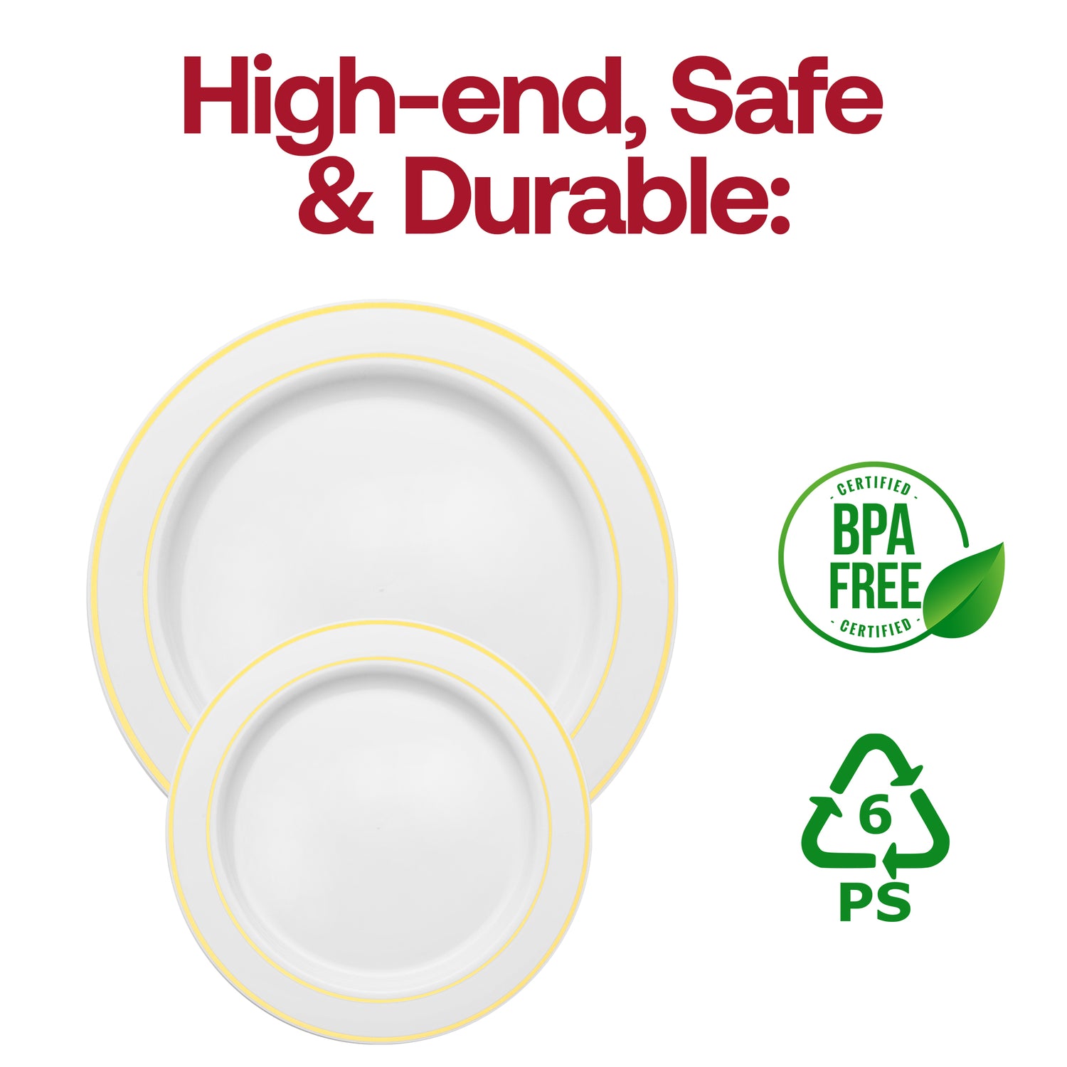 White with Gold Edge Rim Plastic Appetizer/Salad Plates (7.5") BPA | The Kaya Collection