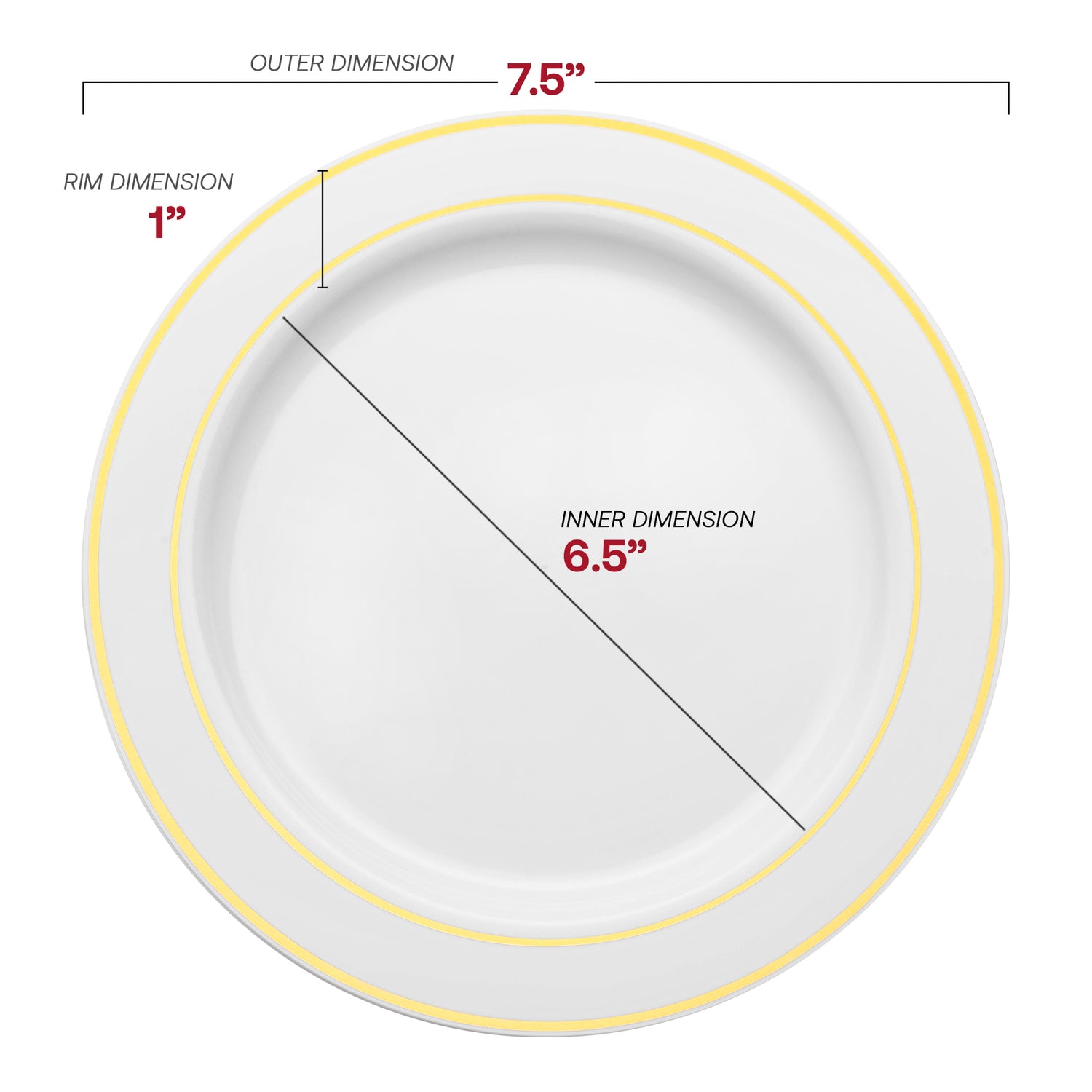 White with Gold Edge Rim Plastic Appetizer/Salad Plates (7.5") Dimension | The Kaya Collection