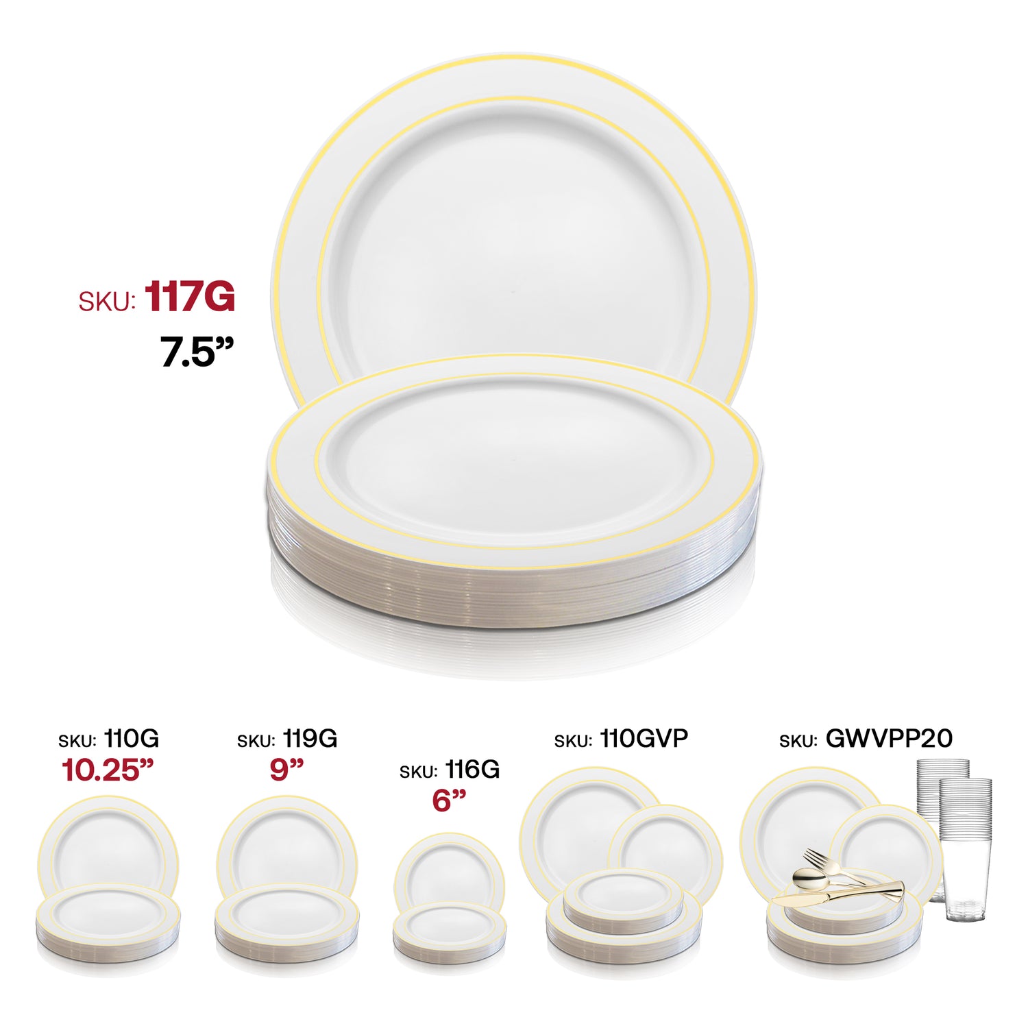 White with Gold Edge Rim Plastic Appetizer/Salad Plates (7.5") SKU | The Kaya Collection