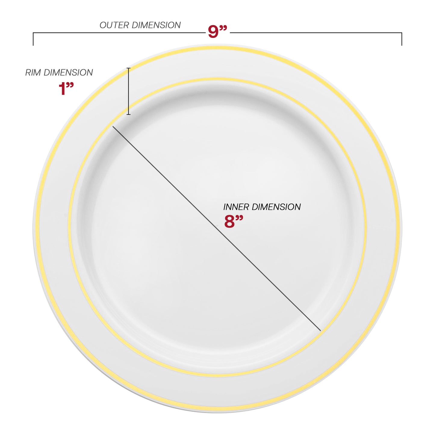 White with Gold Edge Rim Plastic Buffet Plates (9") Dimension | The Kaya Collection