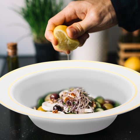 White with Gold Edge Rim Disposable Plastic Soup Bowls (12 oz.)