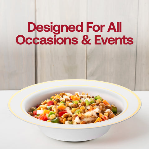 White with Gold Edge Rim Plastic Soup Bowls (12 oz.) Lifestyle | The Kaya Collection