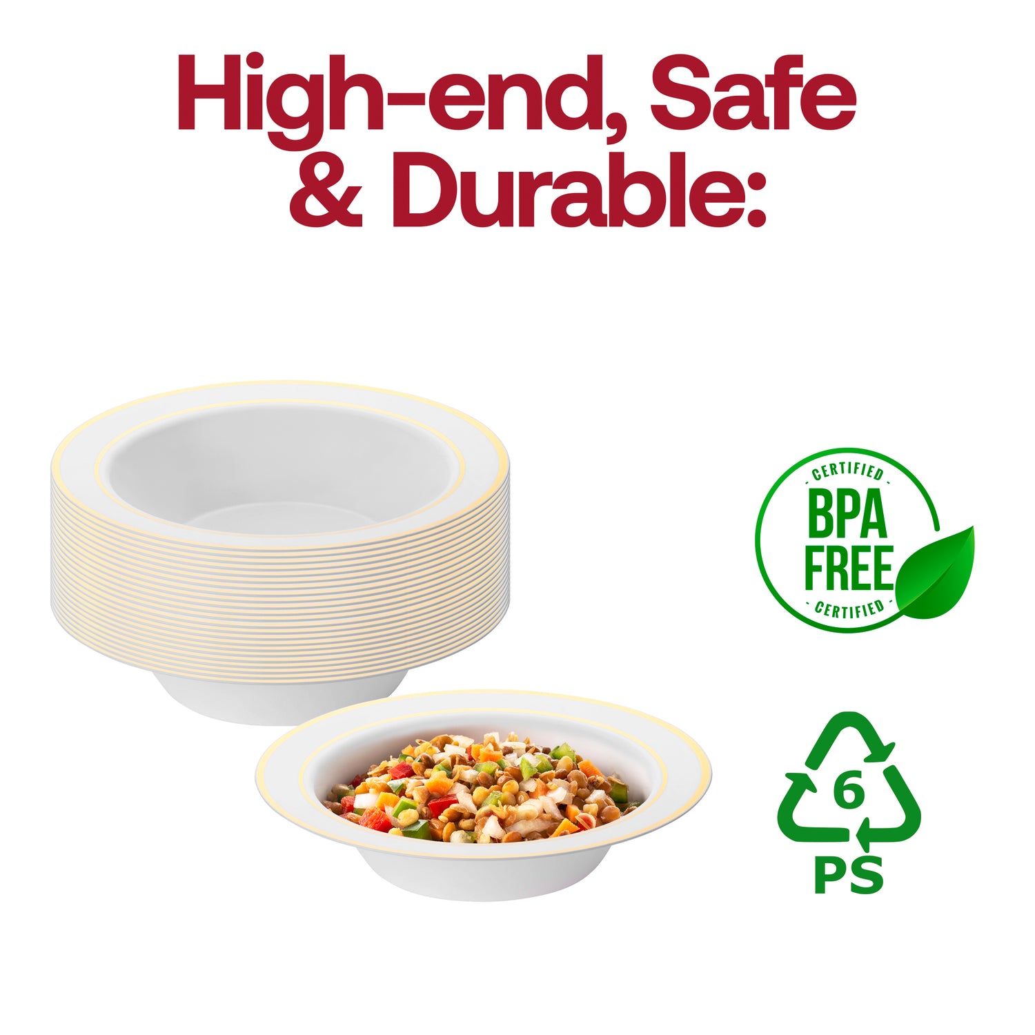 White with Gold Edge Rim Round Disposable Plastic Dessert Bowls (5 oz.) BPA | The Kaya Collection