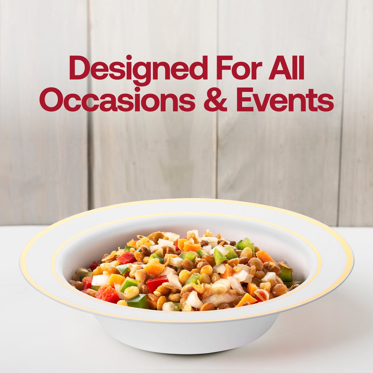 White with Gold Edge Rim Round Disposable Plastic Dessert Bowls (5 oz.) Lifestyle | The Kaya Collection