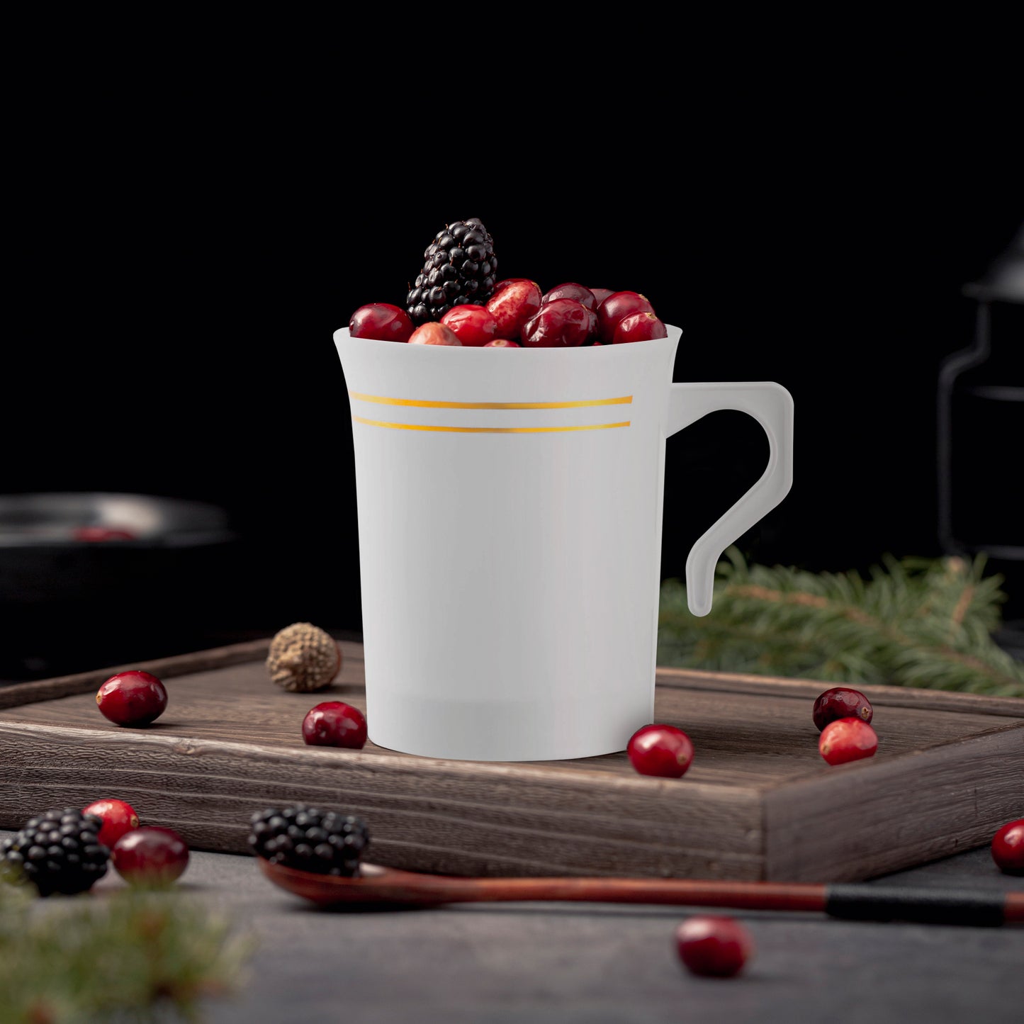 8 oz. White with Gold Edge Rim Round Disposable Plastic Coffee Mugs