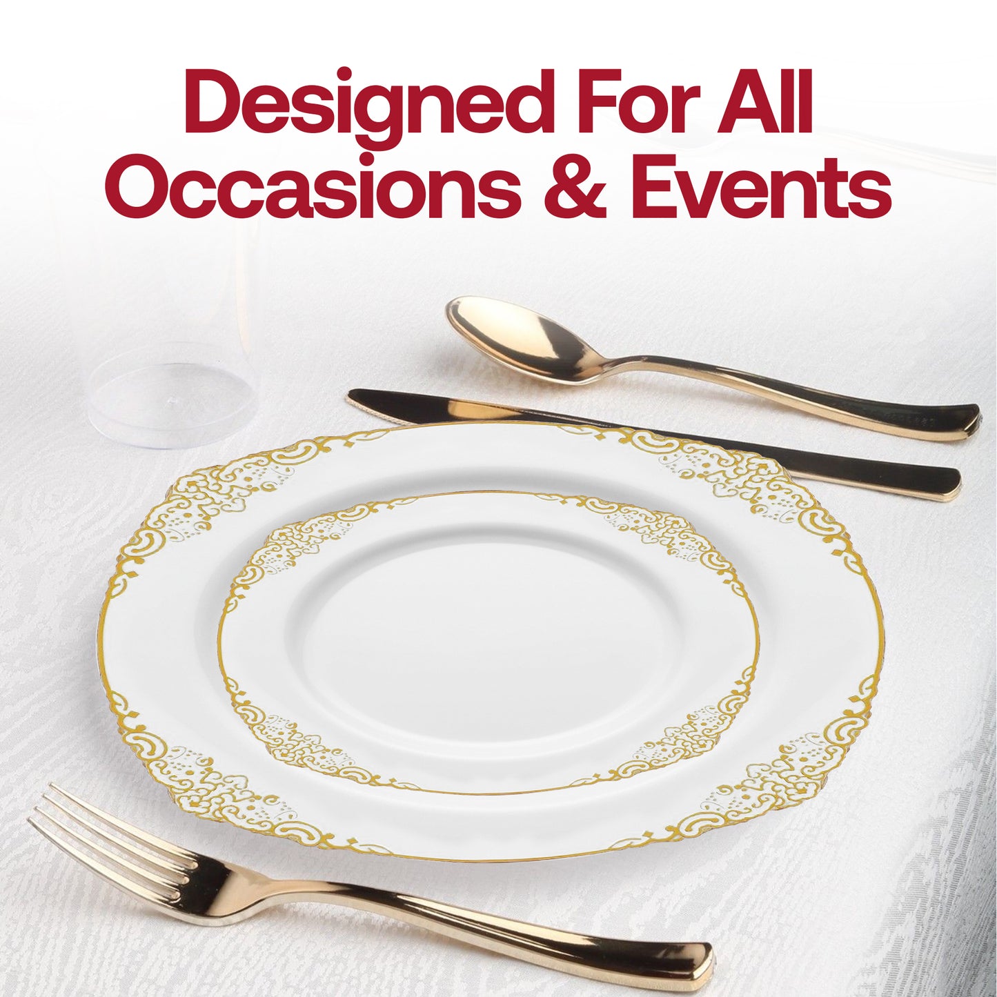 White with Gold Fancy Round Plastic Dinner Plates (10.25”)