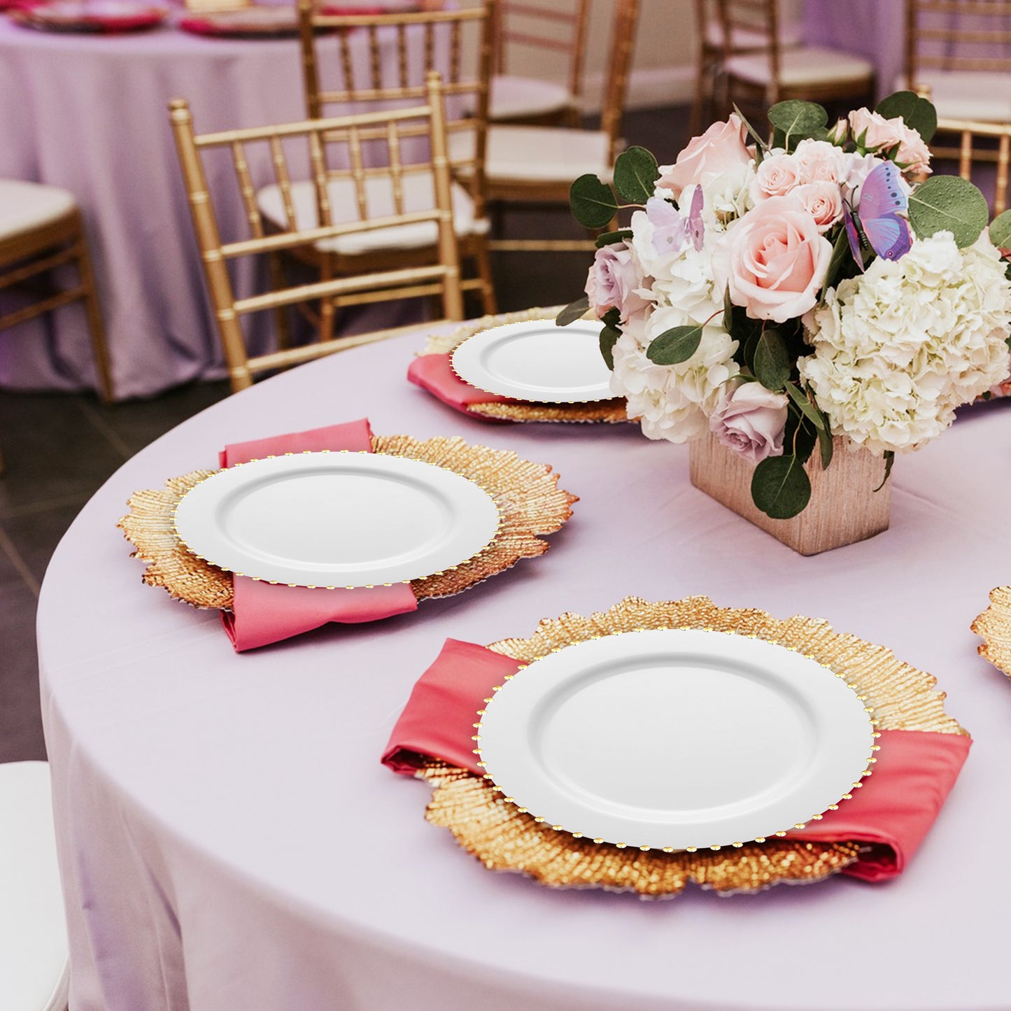 White with Gold Pearl String Round Plastic Dinner Plates (10”)
