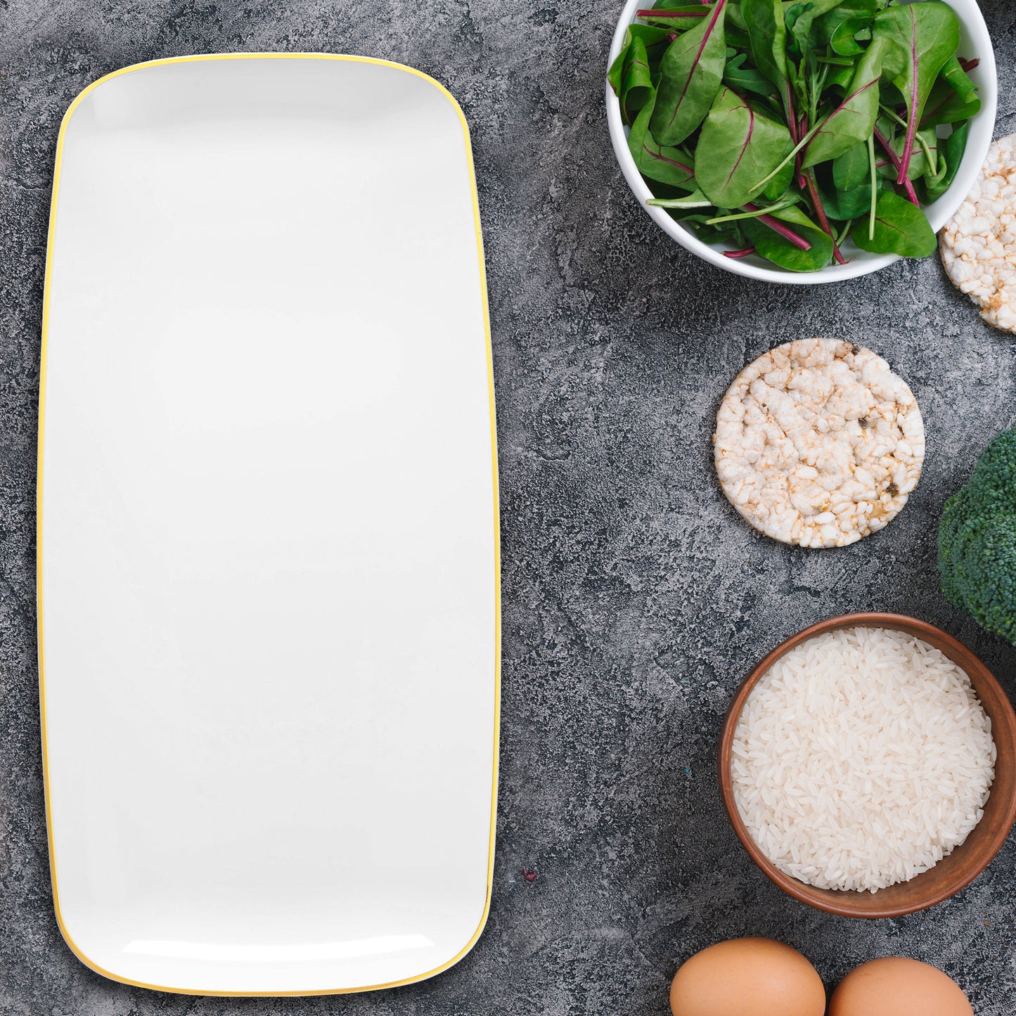 White with Gold Rim Flat Raised Edge Rectangular Plastic Plates (10.6" x 5")