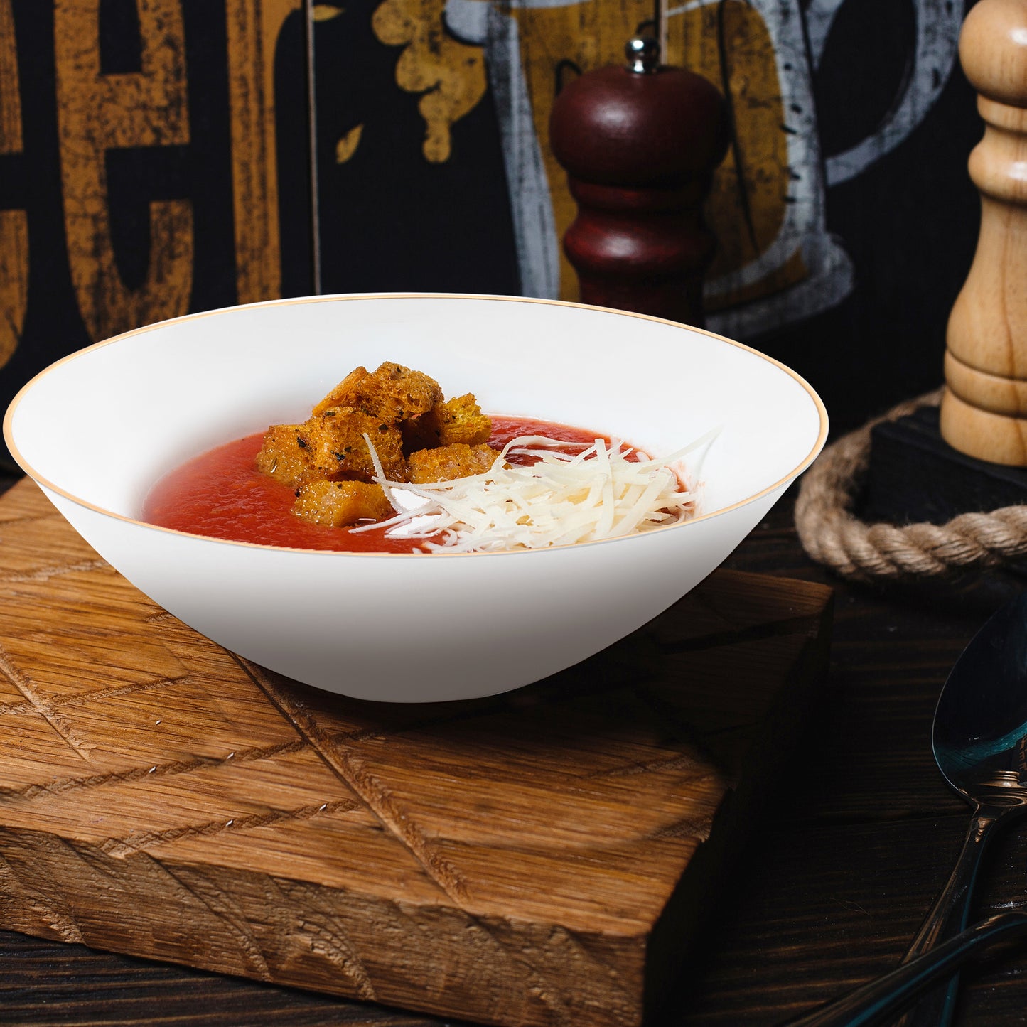 White with Gold Rim Organic Round Plastic Soup Bowls (16 oz.)