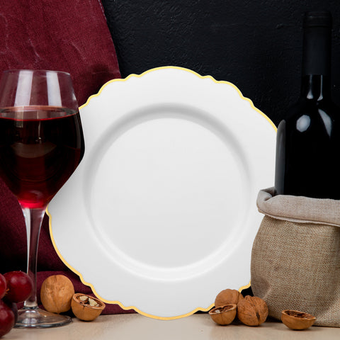 White with Gold Rim Round Blossom Plastic Disposable Salad Plates (7.5