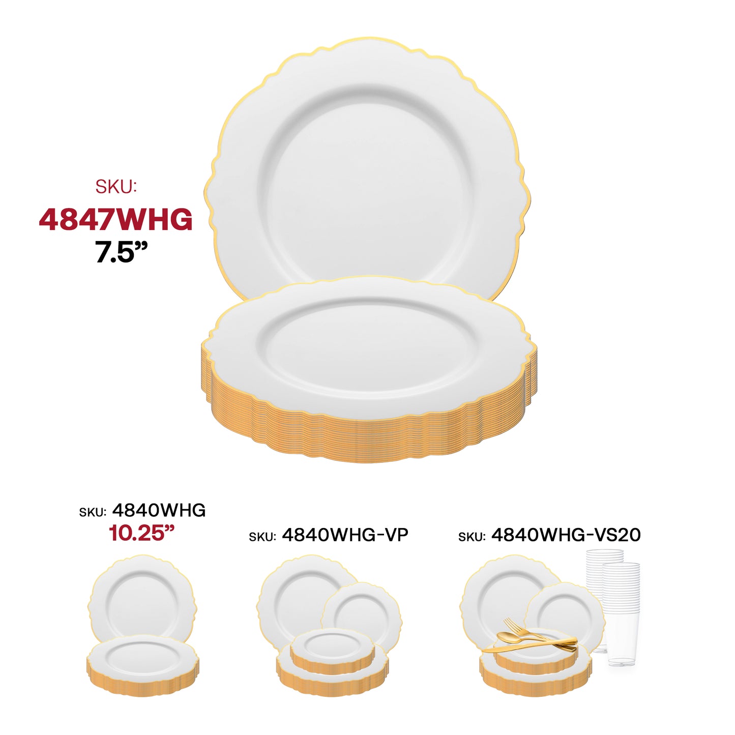 White with Gold Rim Round Blossom Disposable Plastic Appetizer/Salad Plates (7.5") SKU | The Kaya Collection