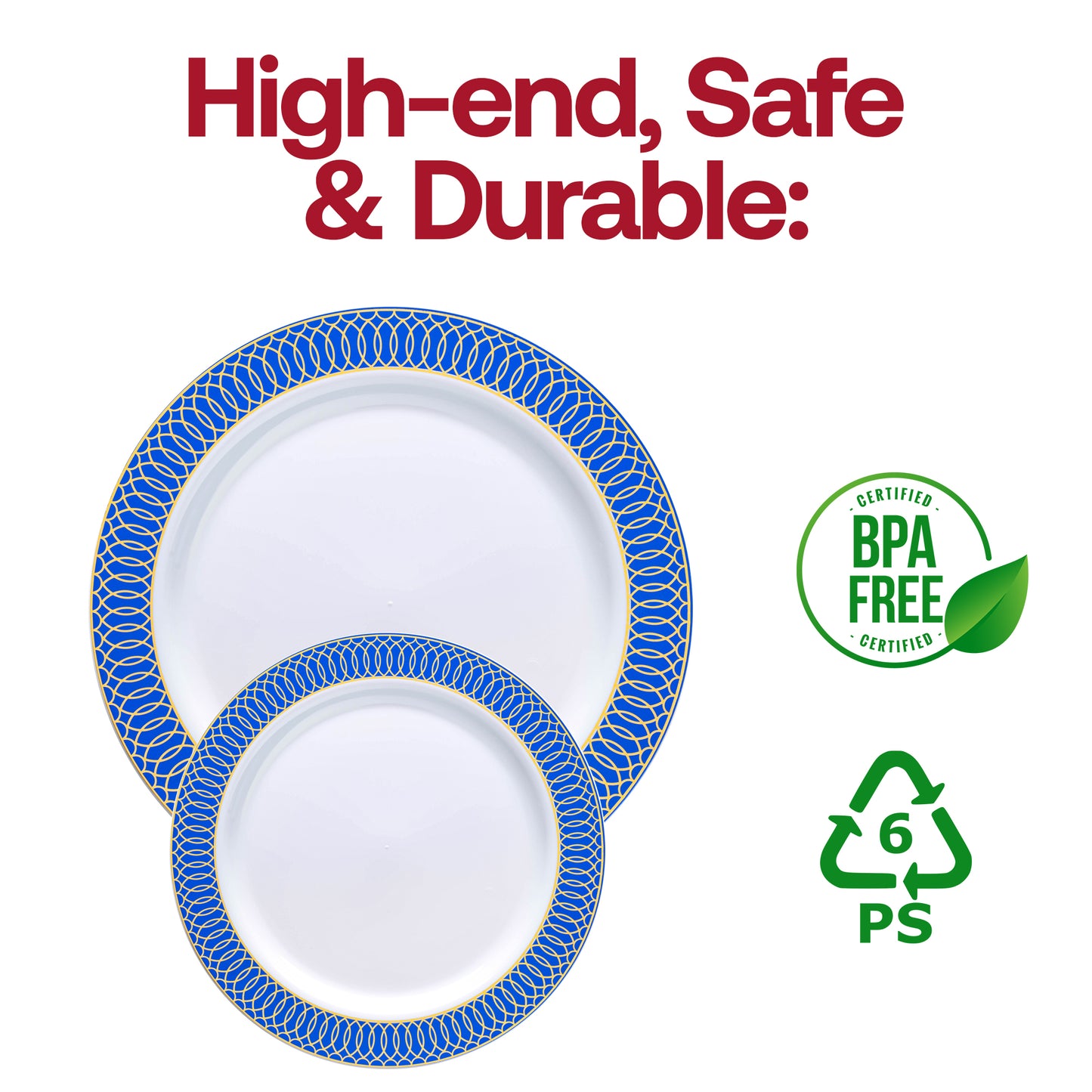 White with Gold Spiral on Blue Rim Plastic Appetizer/Salad Plates (7.5") BPA | The Kaya Collection