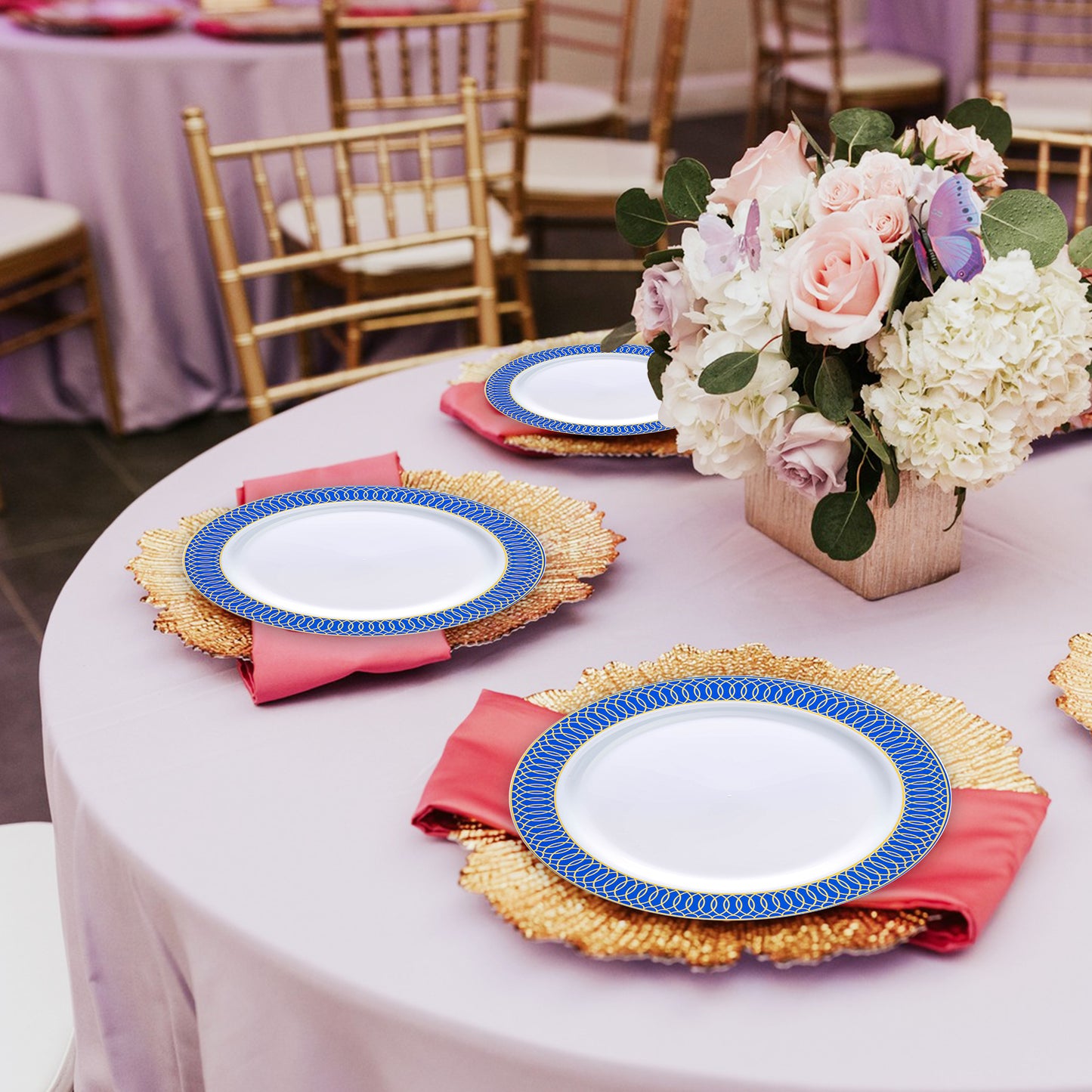 White with Gold Spiral on Blue Rim Disposable Plastic Dinner Plates (10.25")