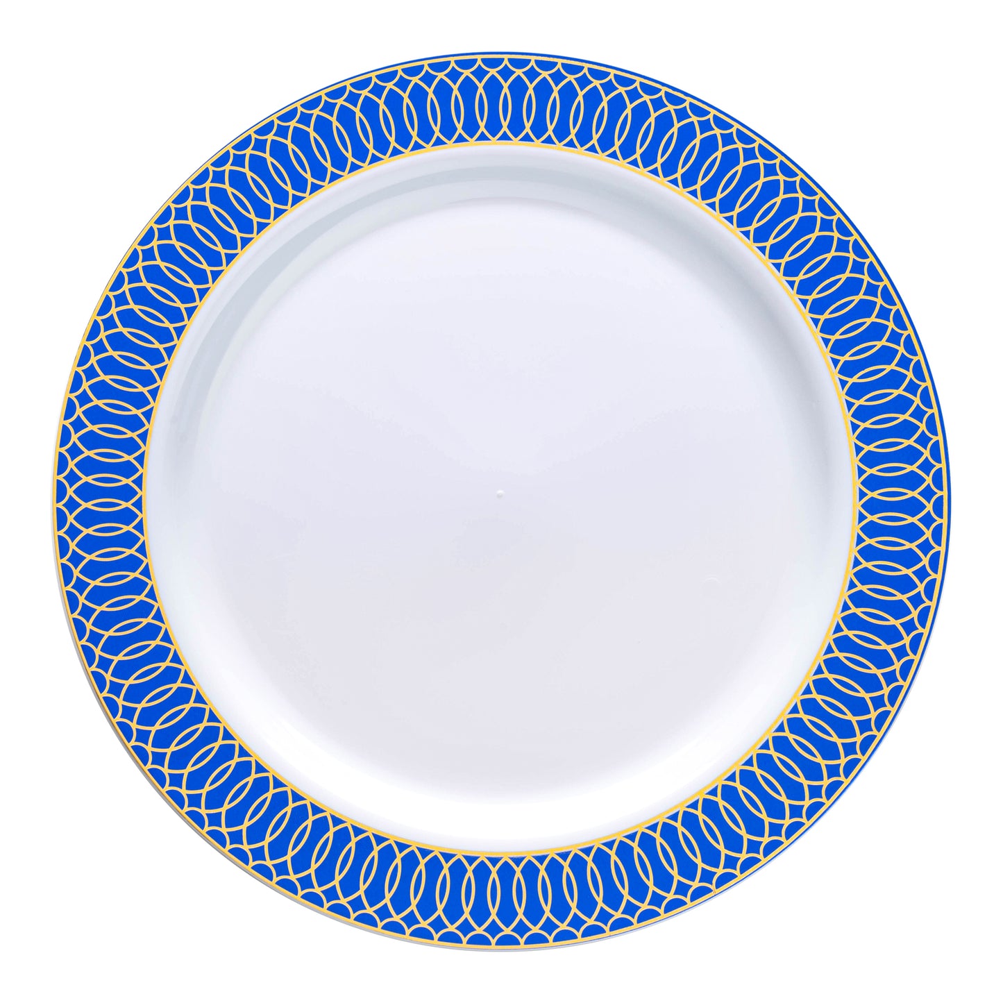 White with Gold Spiral on Blue Rim Plastic Dinner Plates (10.25") | The Kaya Collection