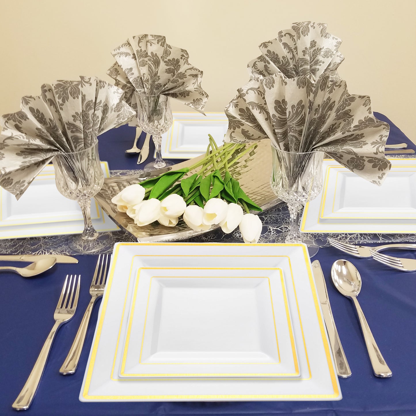 White with Gold Square Edge Rim Disposable Plastic Dinner Plates (9.5")