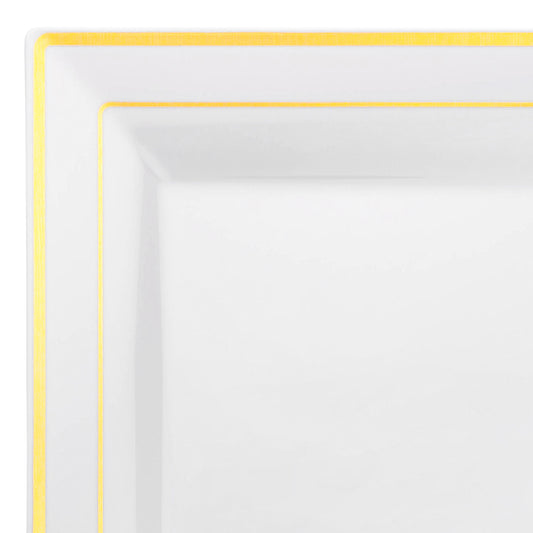 White with Gold Square Edge Rim Disposable Plastic Dinner Plates (9.5")