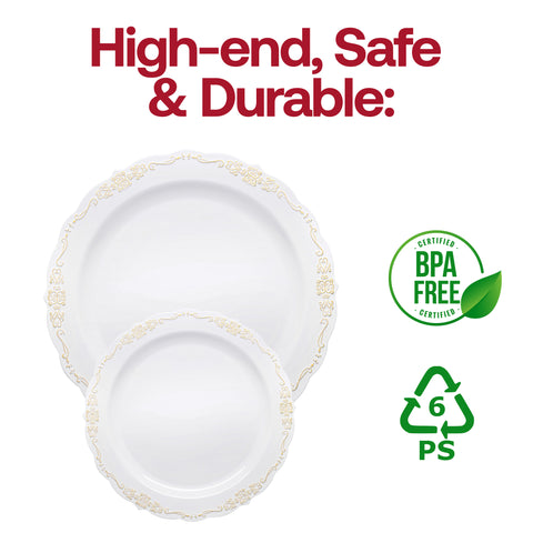 White with Gold Vintage Rim Round Disposable Plastic Appetizer/Salad Plates (7.5