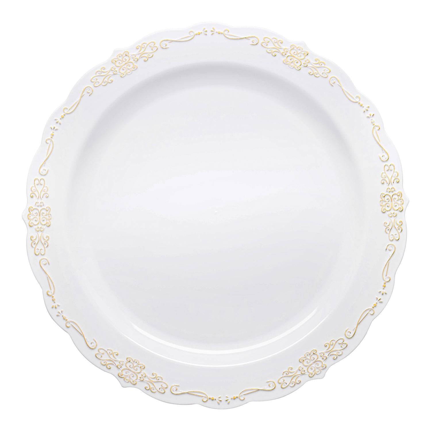 White with Gold Vintage Rim Round Disposable Plastic Appetizer/Salad Plates (7.5") | The Kaya Collection