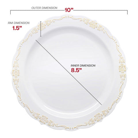 White with Gold Vintage Rim Round Disposable Plastic Dinner Plates (10