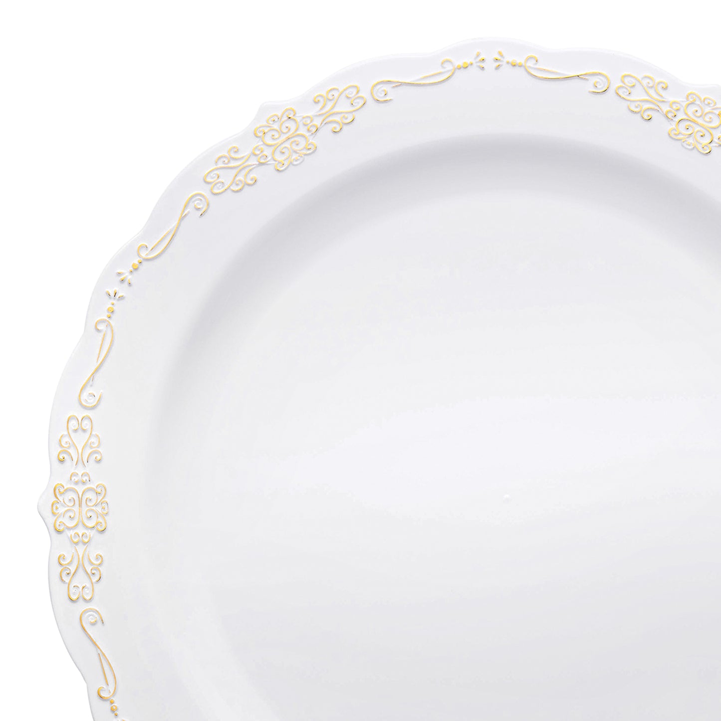 White with Gold Vintage Rim Round Disposable Plastic Dinner Plates (10") | The Kaya Collection