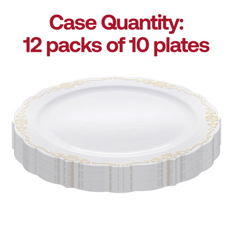 White with Gold Vintage Rim Round Disposable Plastic Dinner Plates (10