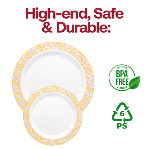 White with Pink and Gold Mosaic Rim Round Disposable Plastic Dinner Plates (10.25