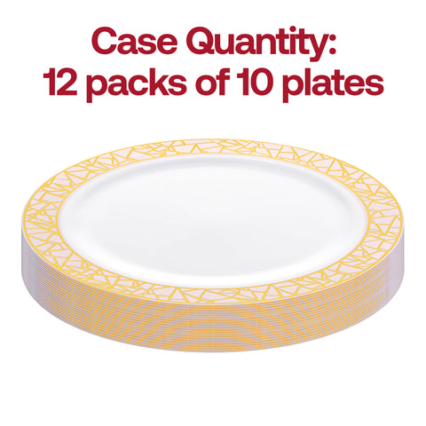 White with Pink and Gold Mosaic Rim Round Disposable Plastic Dinner Plates (10.25