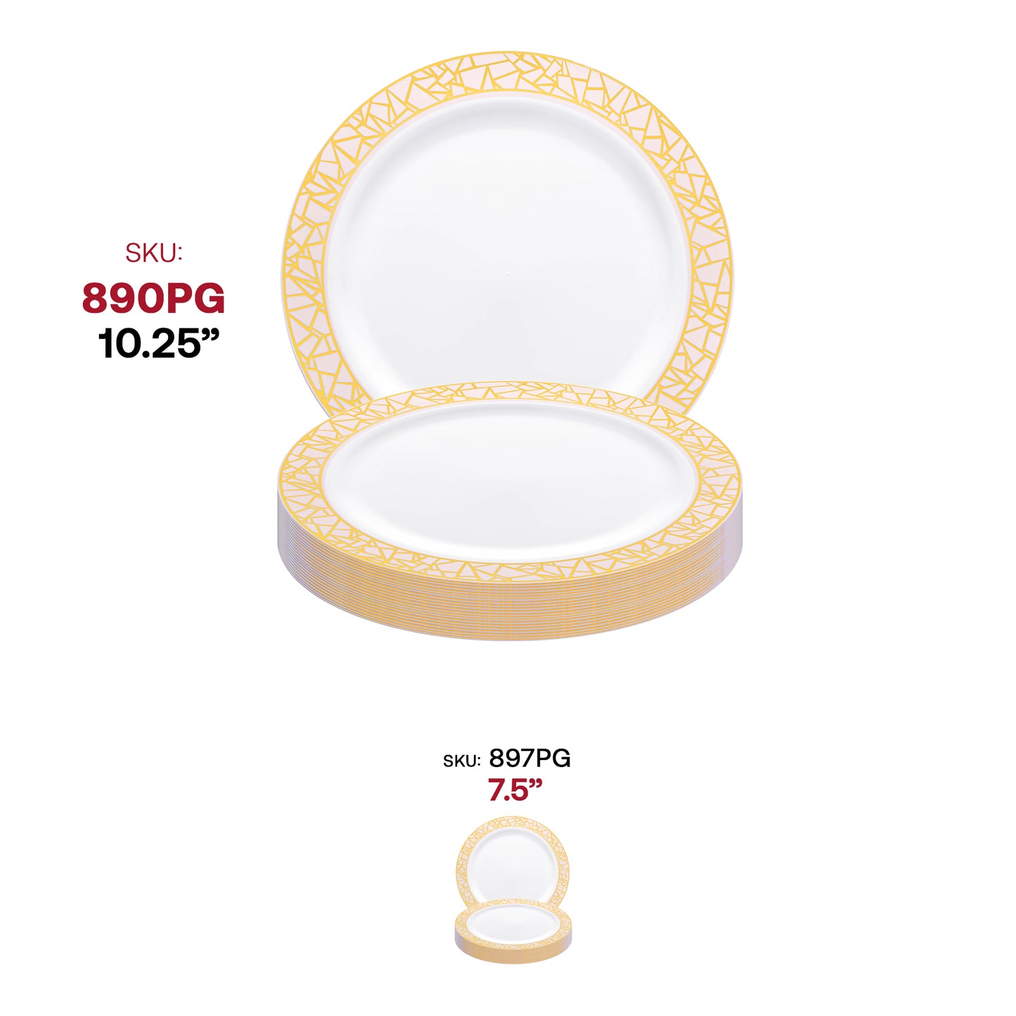 White with Pink and Gold Mosaic Rim Round Disposable Plastic Dinner Plates (10.25")