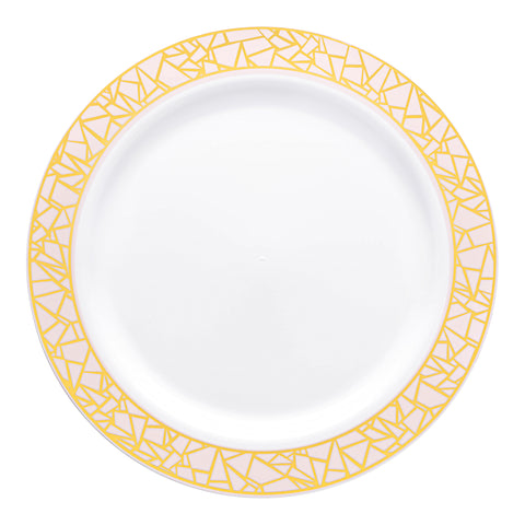 White with Pink and Gold Mosaic Rim Round Disposable Plastic Dinner Plates (10.25