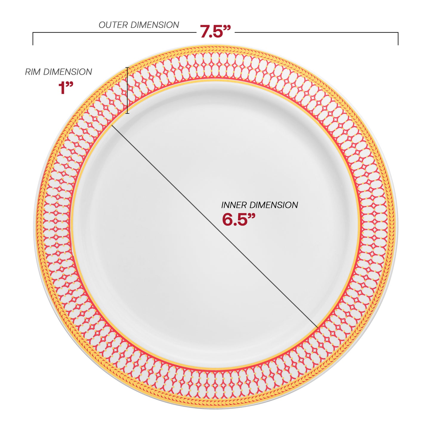 White with Red and Gold Chord Rim Plastic Appetizer/Salad Plates (7.5") dimension | The Kaya Collection