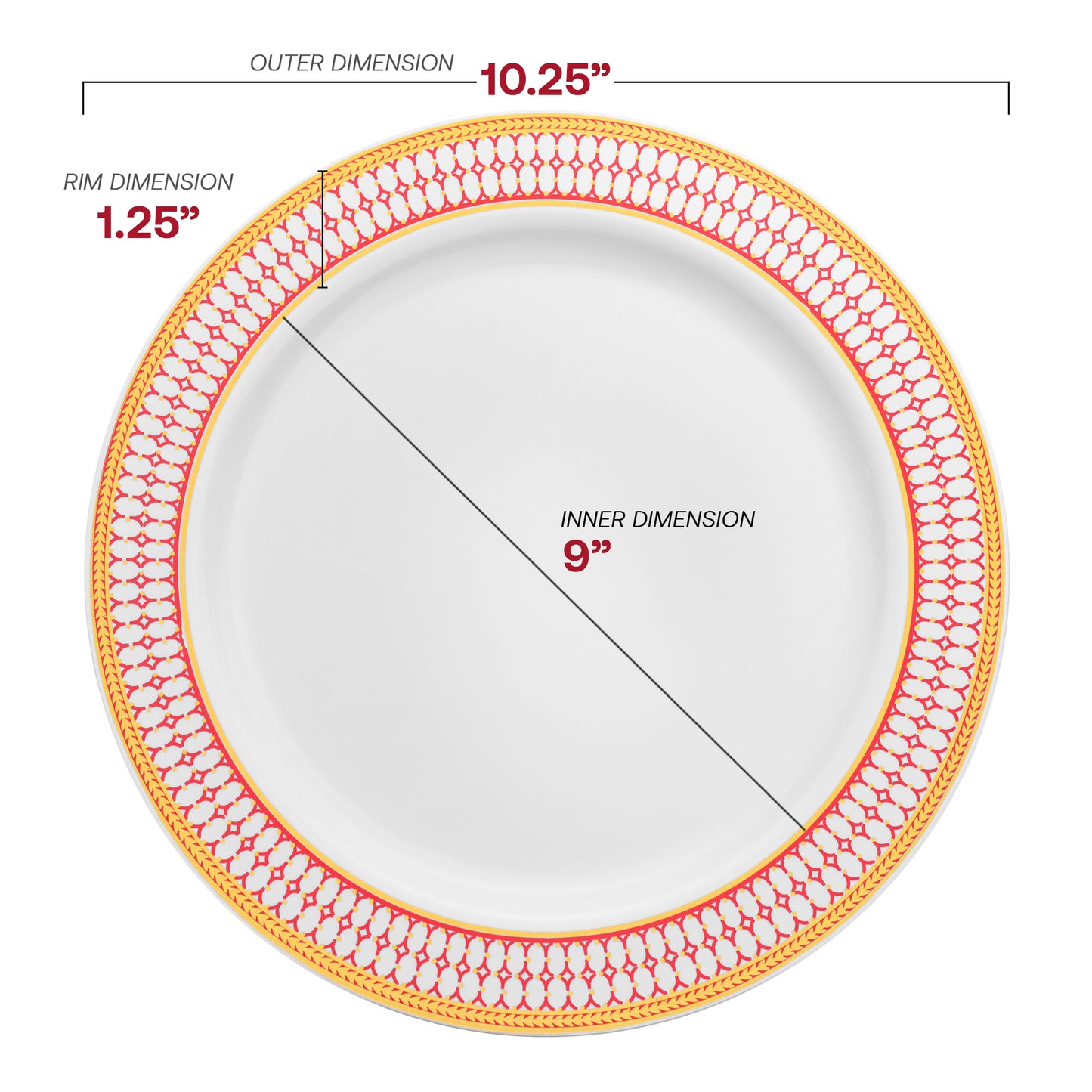 White with Red and Gold Chord Rim Plastic Dinner Plates (10.25") Dimension | The Kaya Collection