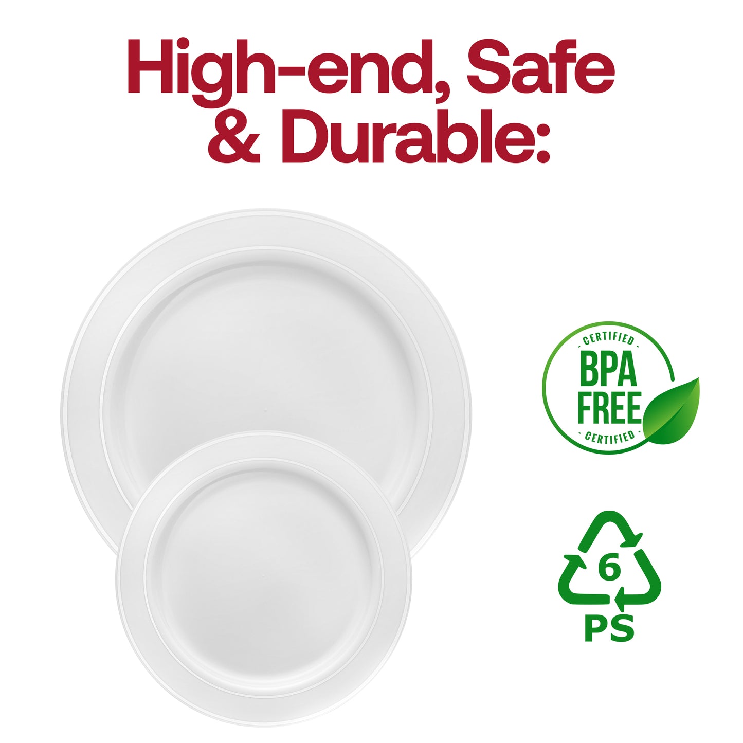 White with Silver Edge Rim Plastic Buffet Plates (9") BPA | The Kaya Collection