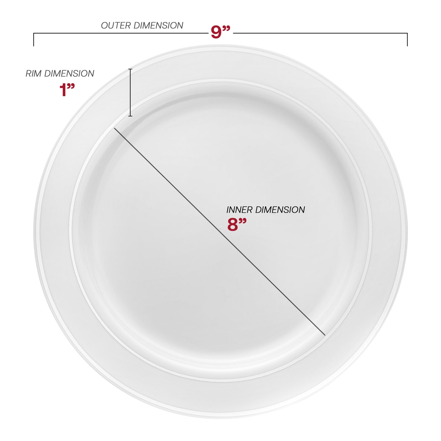 White with Silver Edge Rim Plastic Buffet Plates (9") Dimension | The Kaya Collection