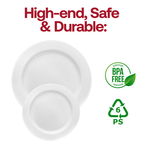 White with Silver Edge Rim Plastic Dinner Plates (10.25
