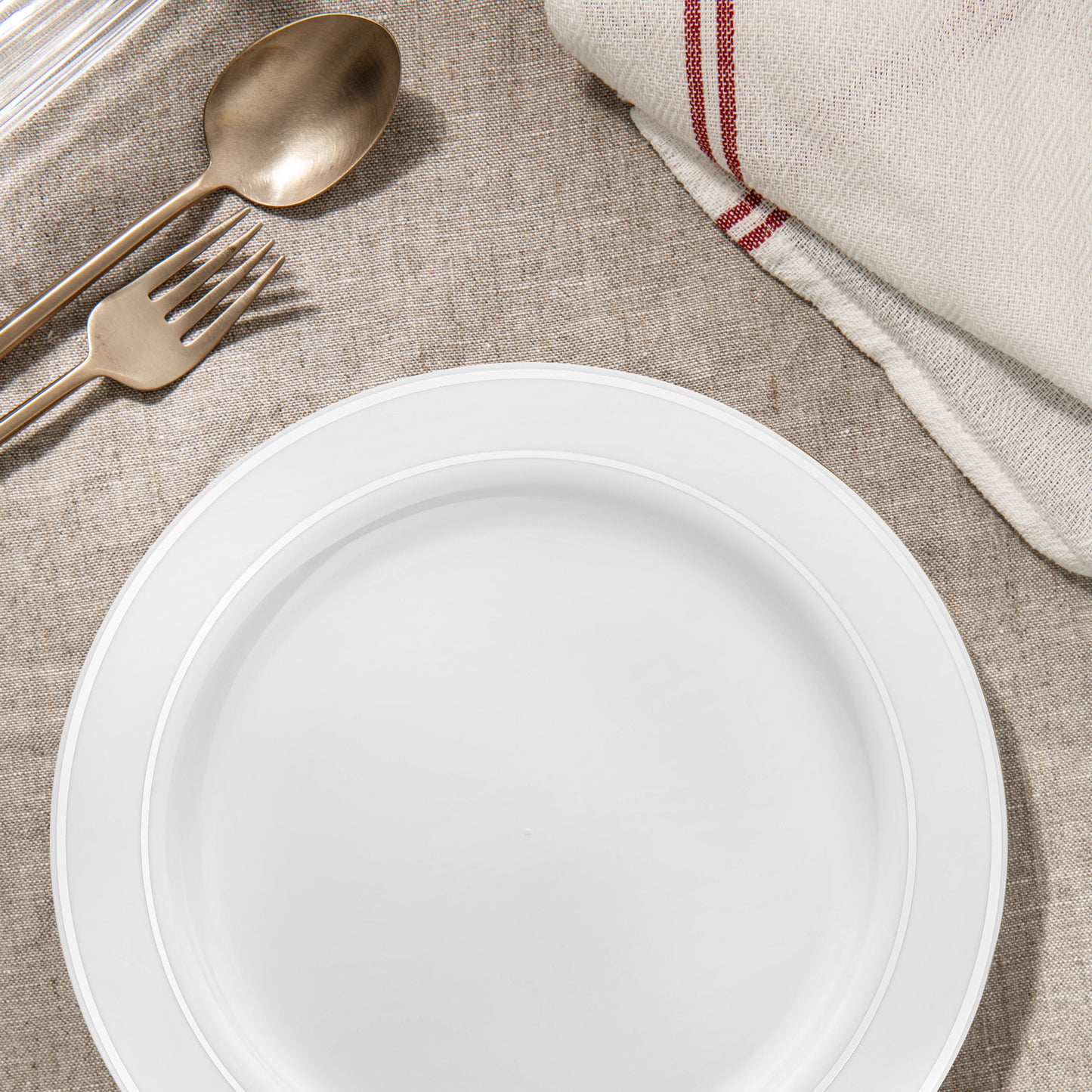 White with Silver Edge Rim Disposable Plastic Dinner Plates (10.25")