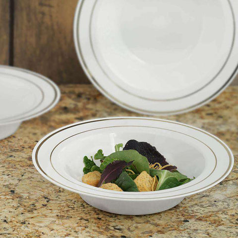 White with Silver Edge Rim Disposable Plastic Soup Bowls (12 oz.)