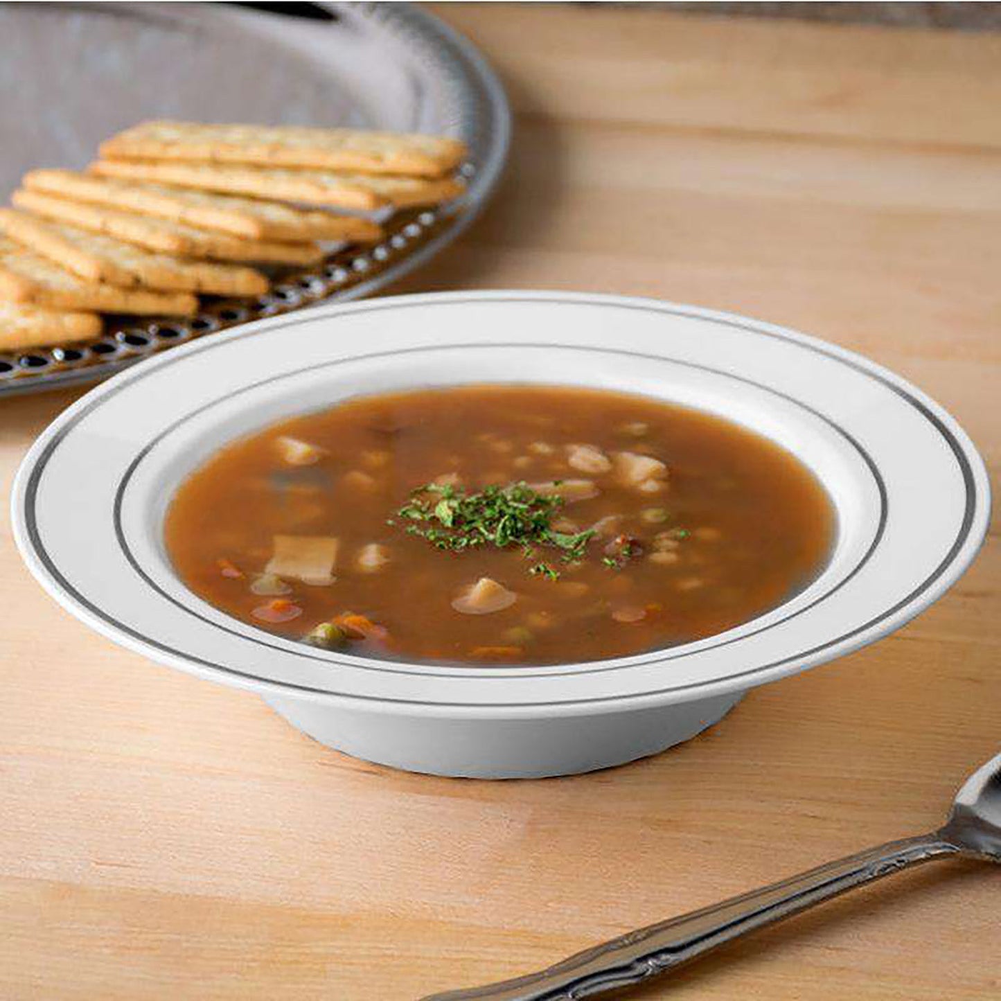 White with Silver Edge Rim Disposable Plastic Soup Bowls (12 oz.)