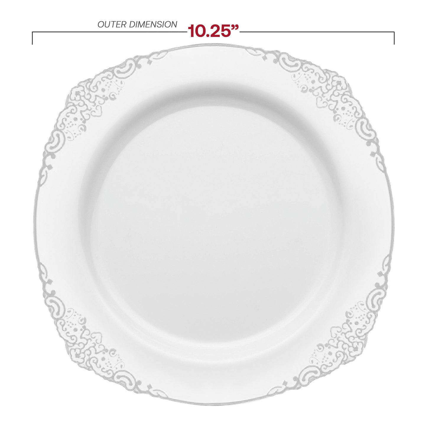 White with Silver Fancy Round Plastic Dinner Plates (10.25”)