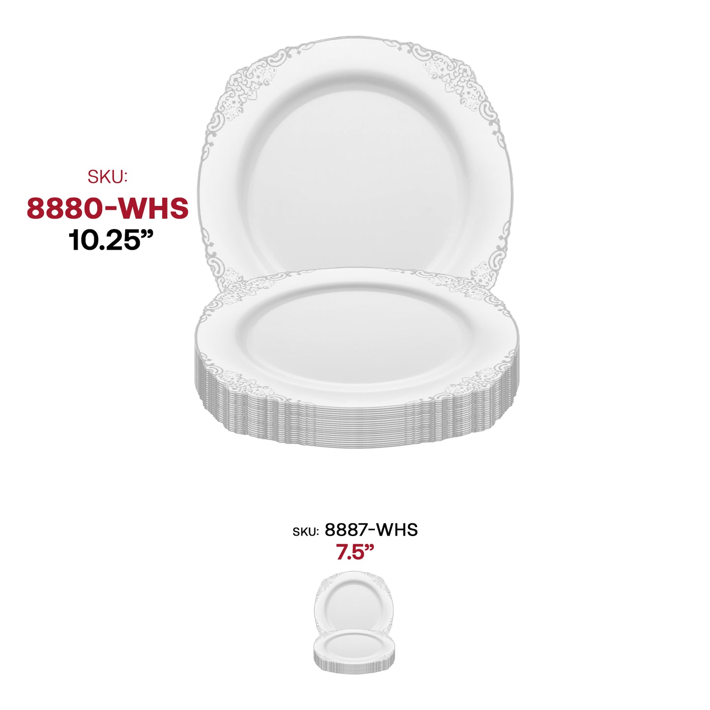 White with Silver Fancy Round Plastic Dinner Plates (10.25”)