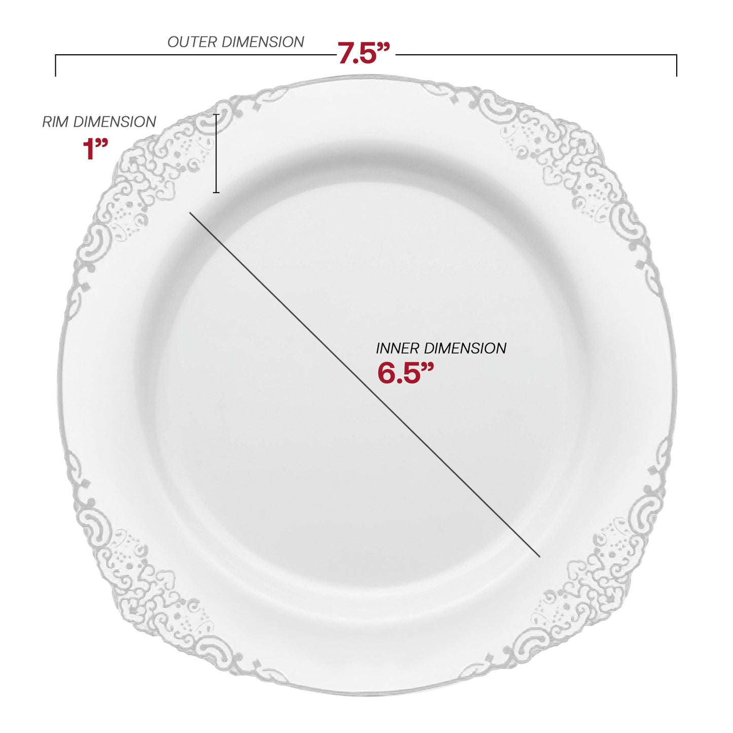 White with Silver Fancy Round Plastic Salad Plates (7.5”)