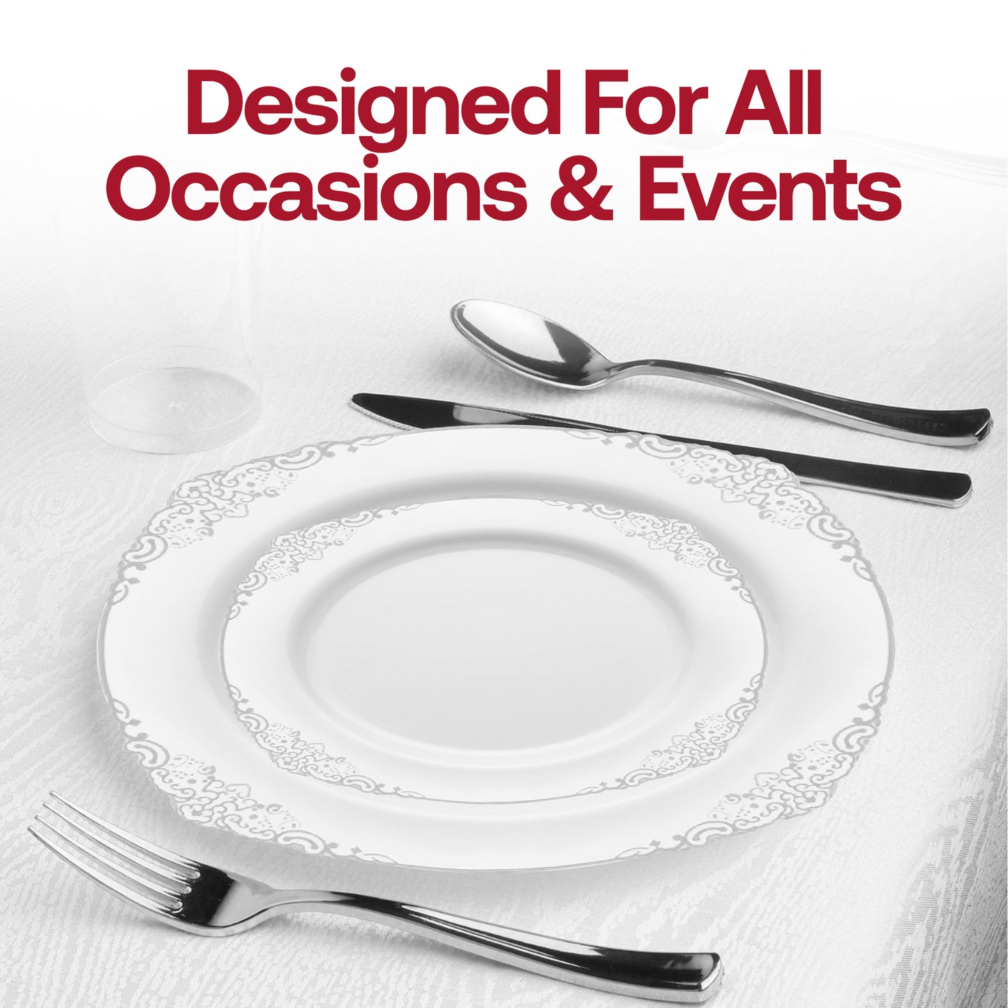 White with Silver Fancy Round Plastic Salad Plates (7.5”)