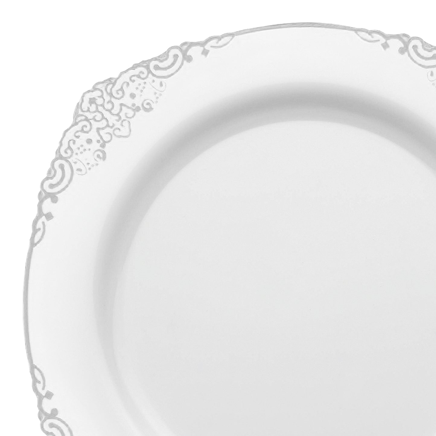 White with Silver Fancy Round Plastic Salad Plates (7.5”)