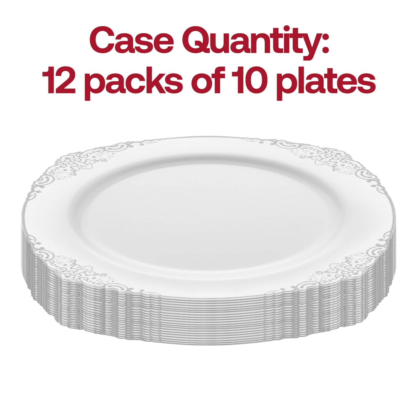 White with Silver Fancy Round Plastic Salad Plates (7.5”)