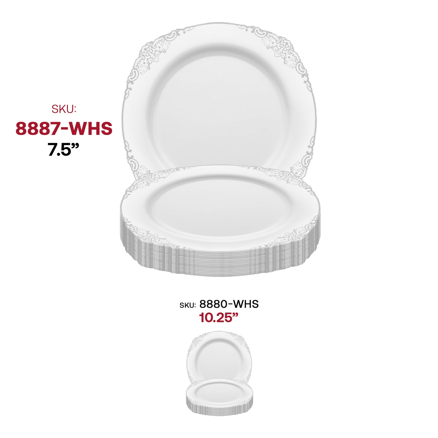 White with Silver Fancy Round Plastic Salad Plates (7.5”)